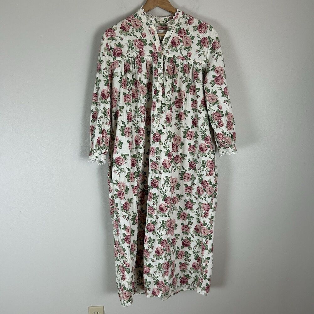 Vintage Eileen West 100% Cotton White Pink Rose Floral Cap Sleeve Nightgown S